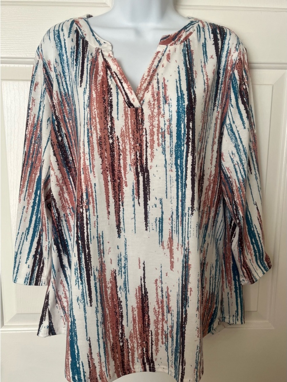 V-Neck Abstract Stripe Tunic in White with Teal & Rust